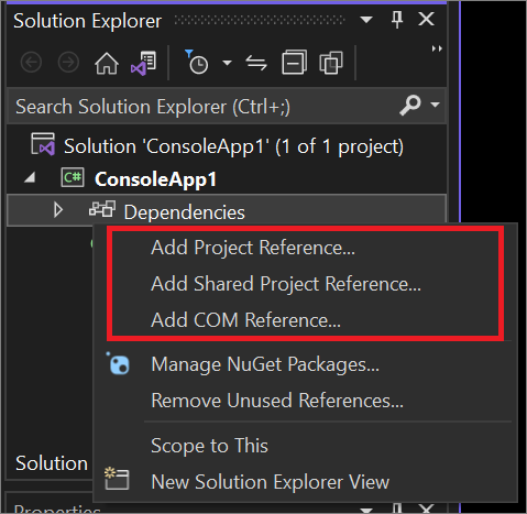 Cuplikan layar dialog Tambahkan Referensi dari menu konteks di Penjelajah Solusi.