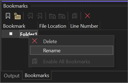 Cuplikan layar fungsi Ganti Nama di menu konteks klik kanan di jendela Bookmark.