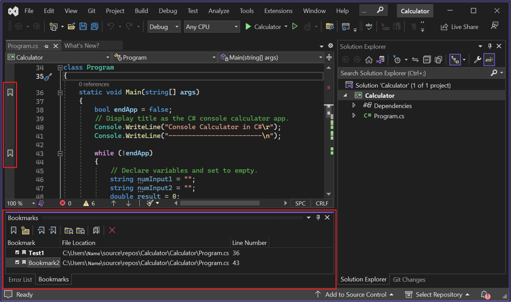Cuplikan layar jendela Bookmark di Visual Studio yang memiliki marka buku yang ditambahkan.