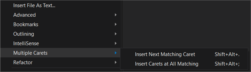 Cuplikan layar menu fly-out Beberapa Carets di Visual Studio