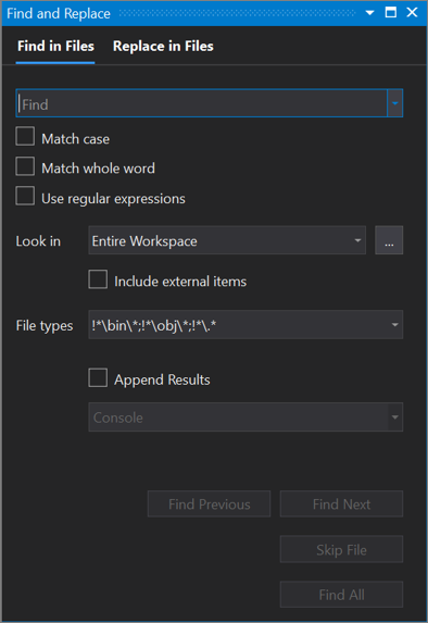 Cuplikan layar kotak dialog Temukan dan Ganti di Visual Studio 2019, dengan tab Temukan di File terbuka.