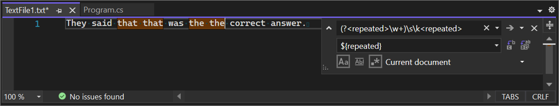 Cuplikan layar Quick Replace memperlihatkan grup pengambilan bernama di Visual Studio.