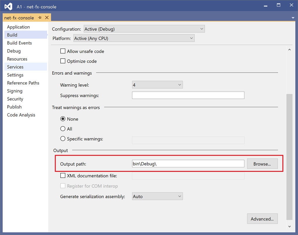 Properti jalur output untuk proyek Visual Studio C#