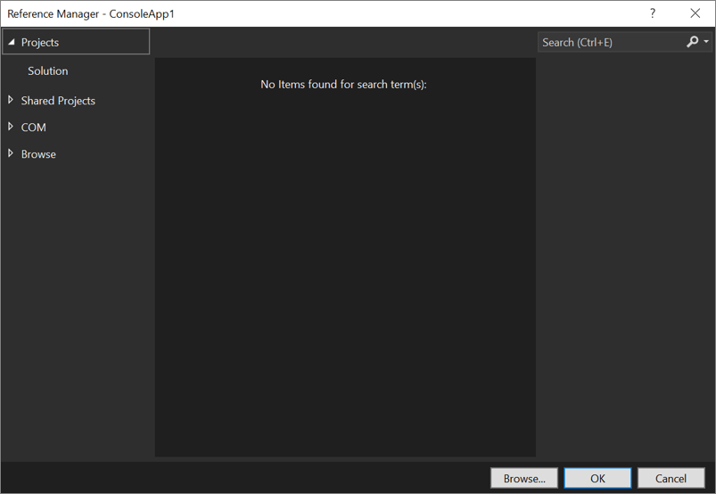 Cuplikan layar kotak dialog Manajer Referensi di Visual Studio.