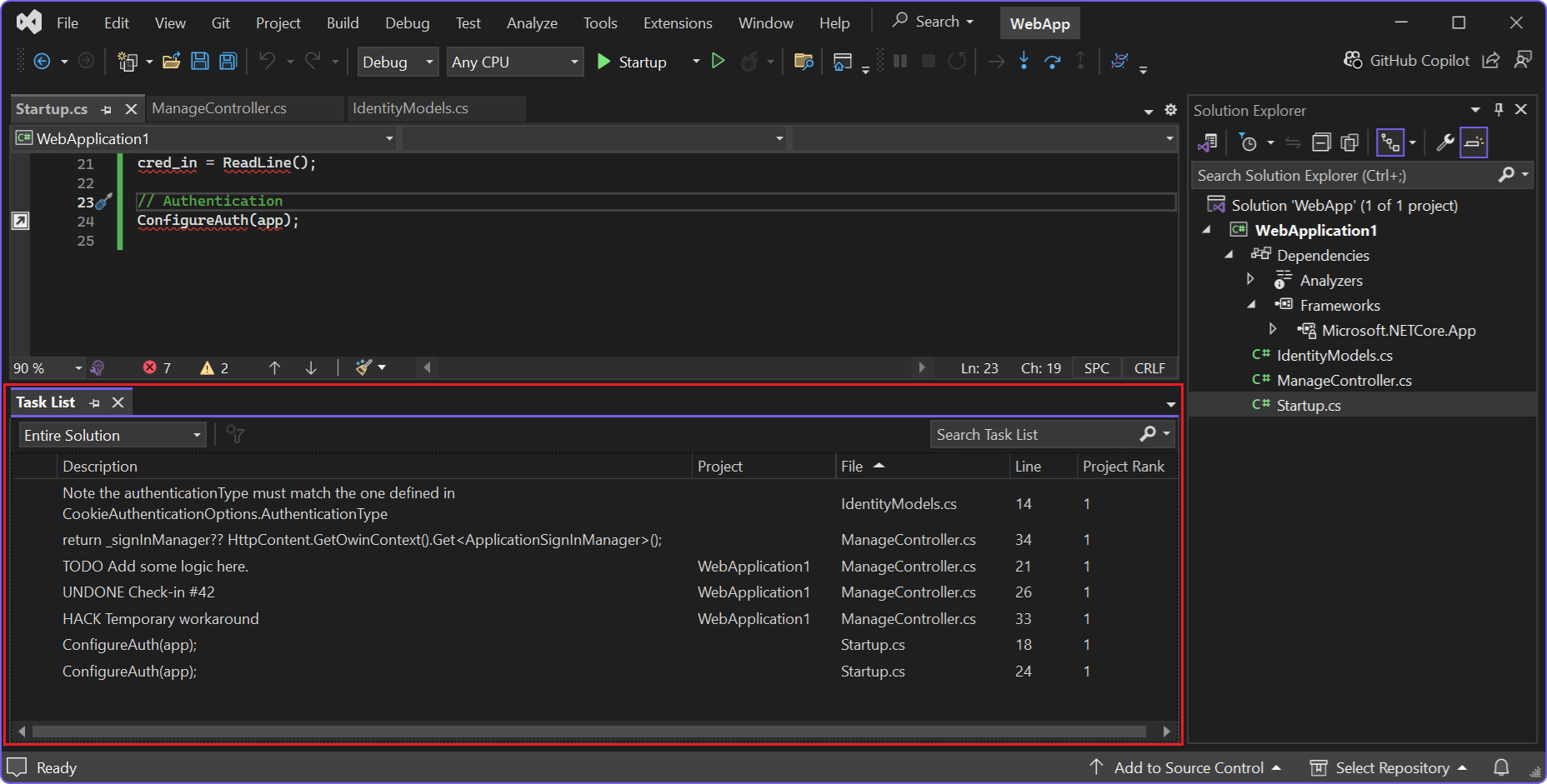 Cuplikan layar jendela Daftar Tugas di bagian bawah jendela aplikasi di Visual Studio.