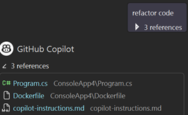 Cuplikan layar file instruksi kustom yang digunakan oleh Copilot di daftar Referensi.