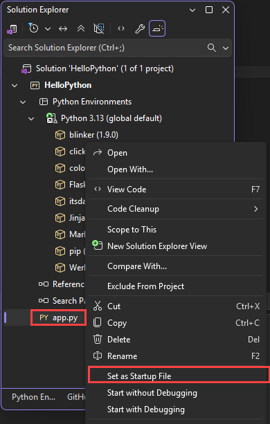 Cuplikan layar yang memperlihatkan cara mengatur file startup untuk proyek di Penjelajah Solusi di Visual Studio.