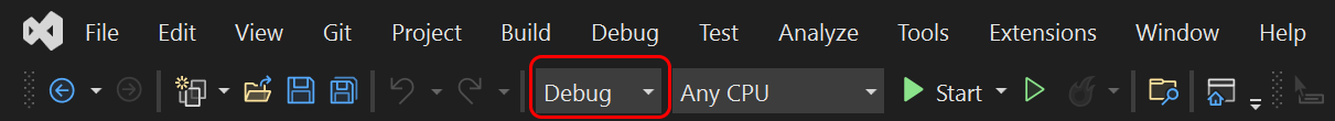 Cuplikan layar memperlihatkan konfigurasi aktif di toolbar Visual Studio utama.