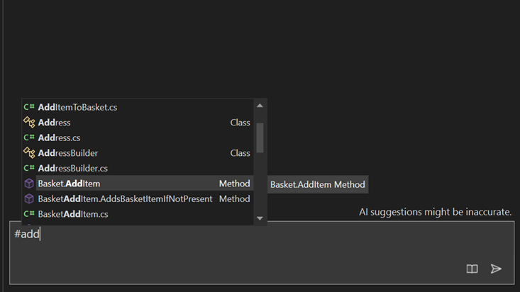 Cuplikan layar referensi ke metode di GitHub Copilot Chat di Visual Studio.