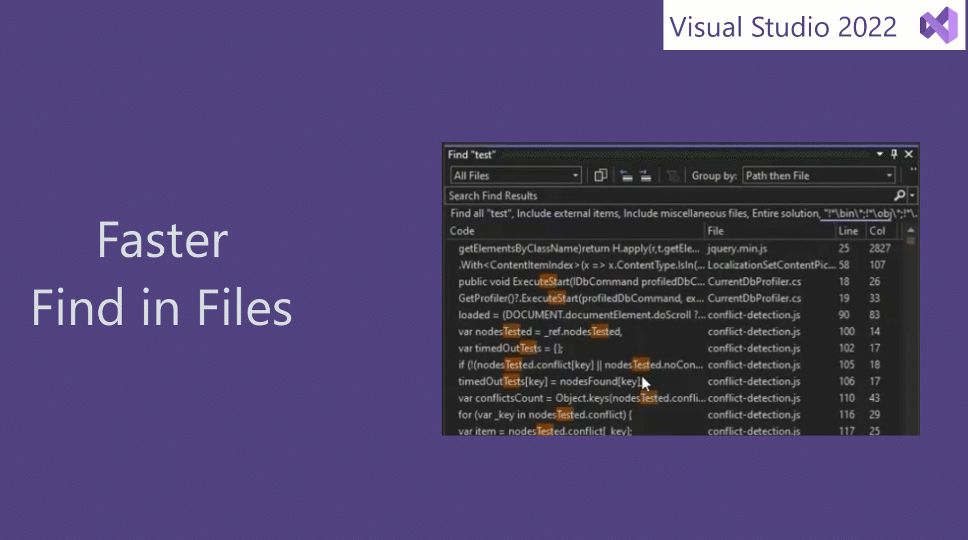 Animasi fitur Temukan di File saat mencari solusi C# besar tiga kali lebih cepat dari versi Visual Studio sebelumnya.
