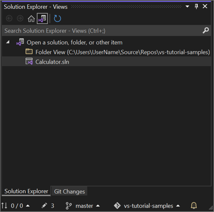 Cuplikan layar Tampilan Folder di Penjelajah Solusi di Visual Studio 2022.