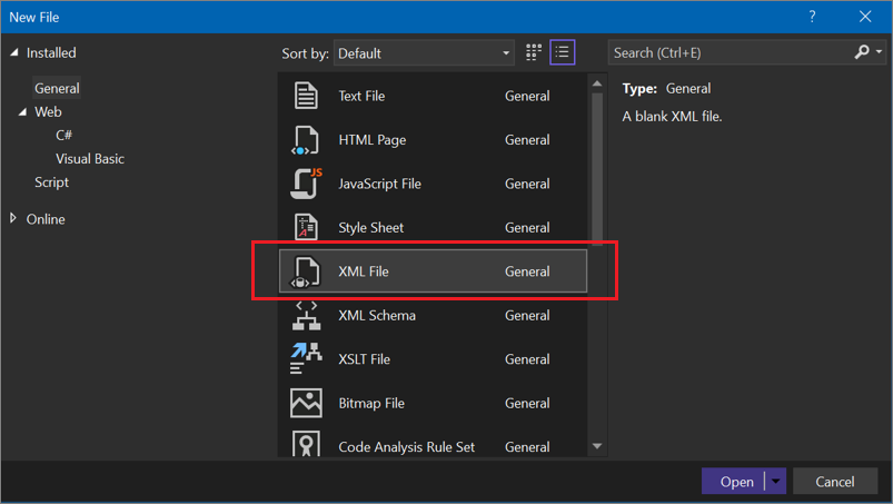 Cuplikan layar kotak dialog 'File Baru' dengan opsi 'File XML' dipilih.