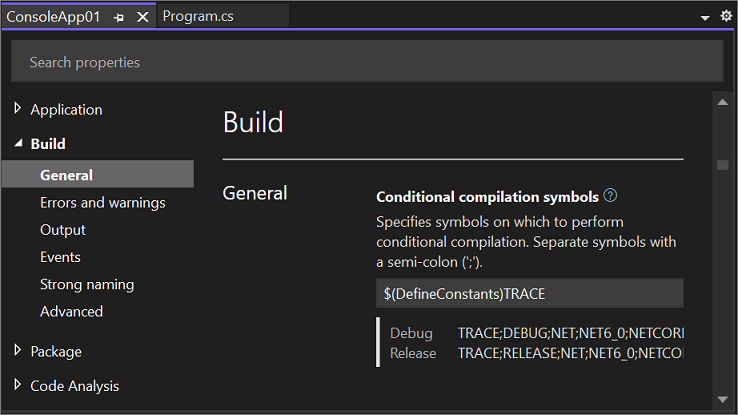 Cuplikan layar Perancang Proyek, dengan tab Build dipilih.