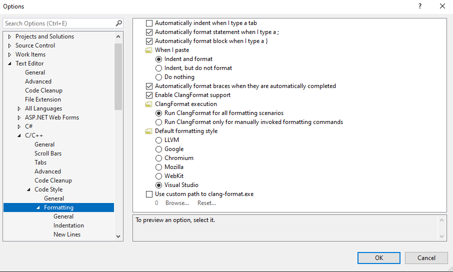 Cuplikan layar pengaturan Pemformatan untuk editor teks C/C++ dalam kotak dialog Opsi.