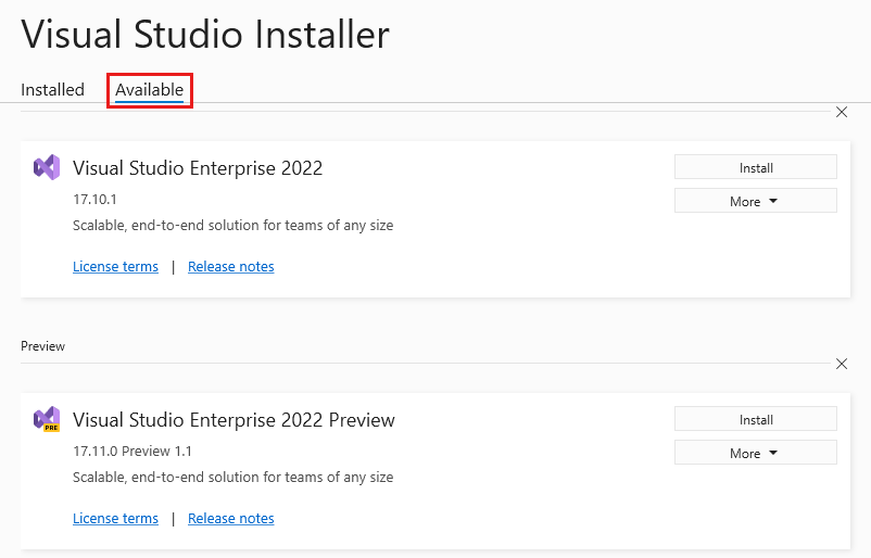 Cuplikan layar memperlihatkan tab Visual Studio Installer Available.