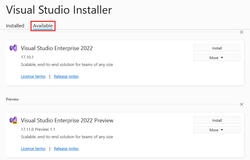 Cuplikan layar memperlihatkan tab Tersedia Alat Penginstal Visual Studio.
