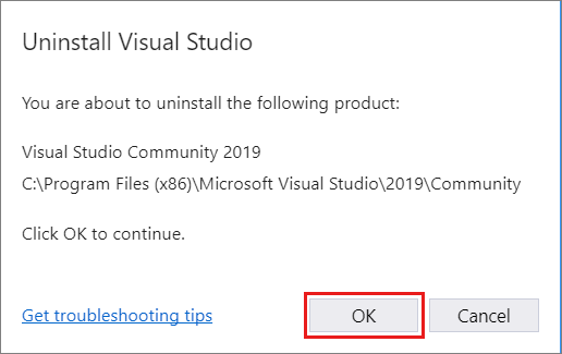 Cuplikan layar memperlihatkan kotak dialog untuk mengonfirmasi bahwa Anda ingin menghapus instalasi Visual Studio 2019.