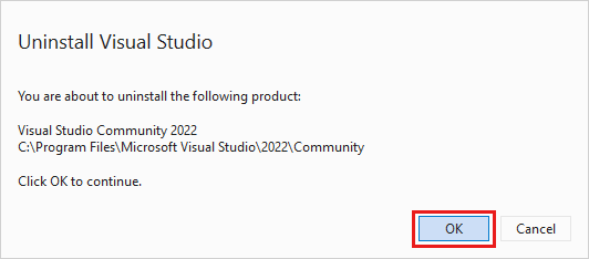 Cuplikan layar memperlihatkan kotak dialog untuk mengonfirmasi bahwa Anda ingin menghapus instalasi Visual Studio 2022.