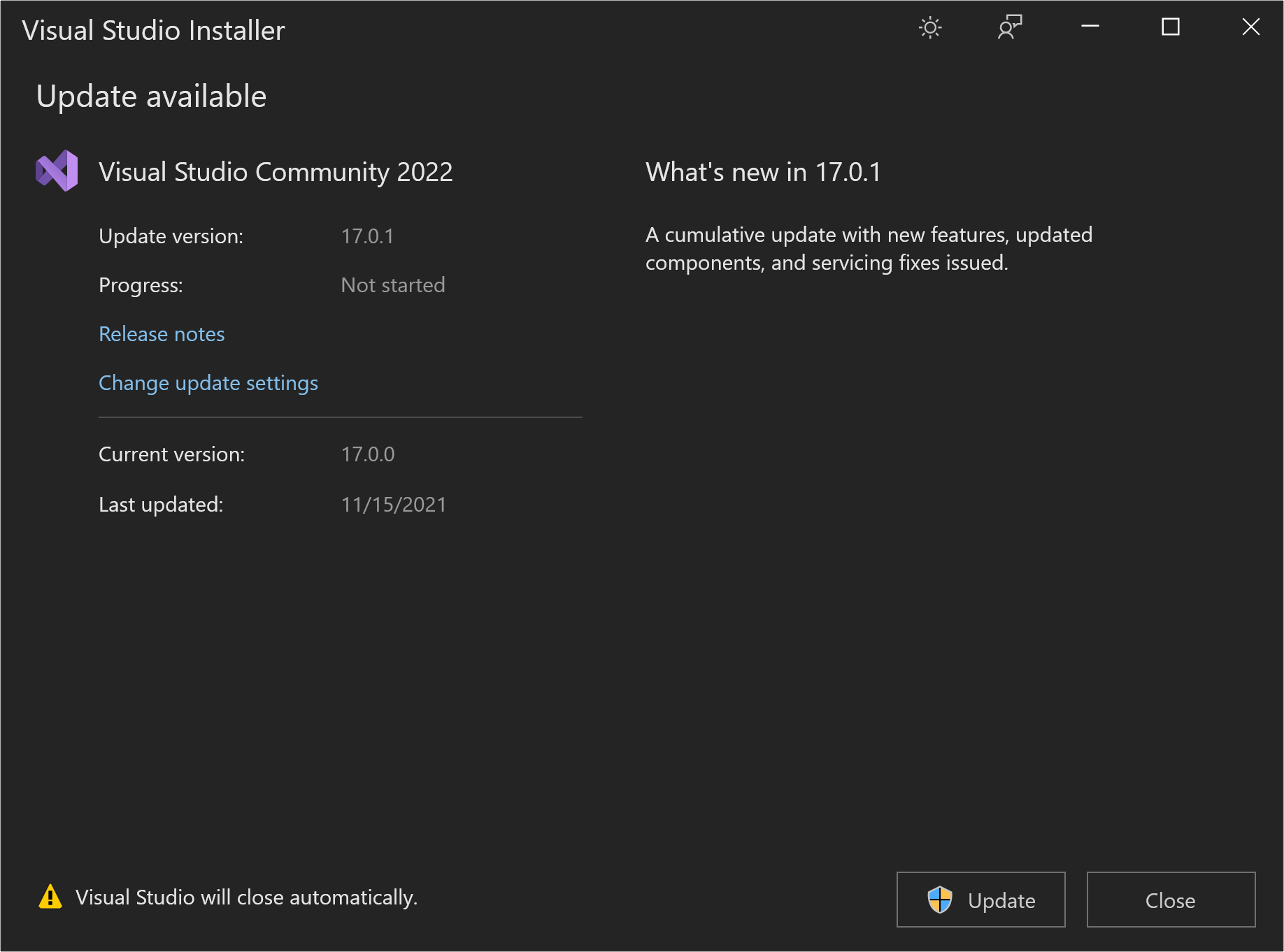 Cuplikan layar memperlihatkan tombol Perbarui dalam kotak dialog 'Perbarui tersedia' di Visual Studio 2022.