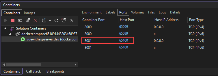 Cuplikan layar memperlihatkan port kontainer Docker.