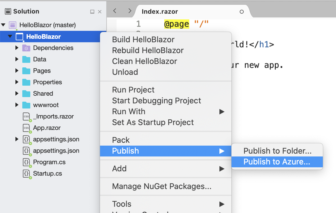Visual Studio for Mac showing Azure publishing experience