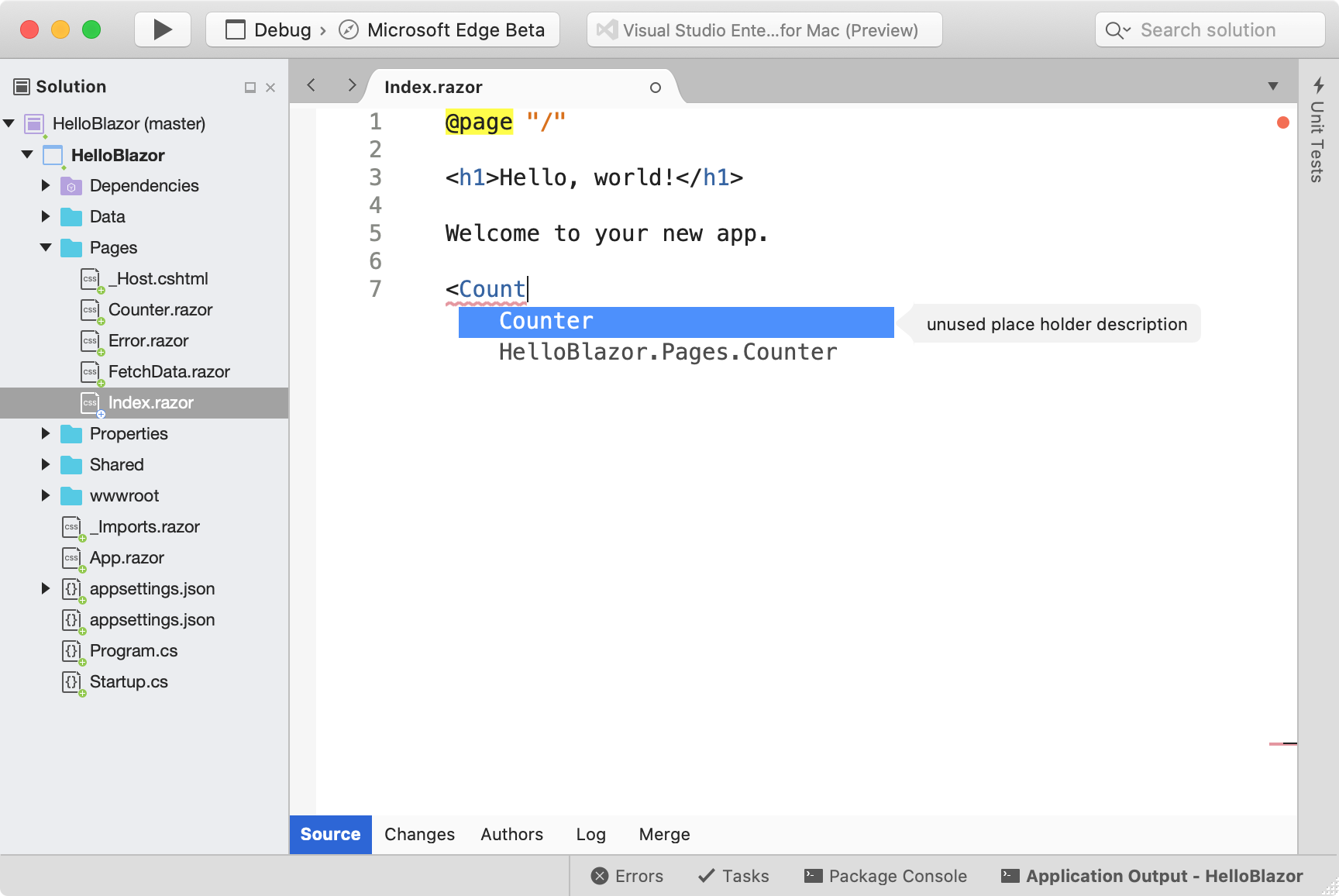 Visual Studio for Mac editor window showing IntelliSense for Blazor
