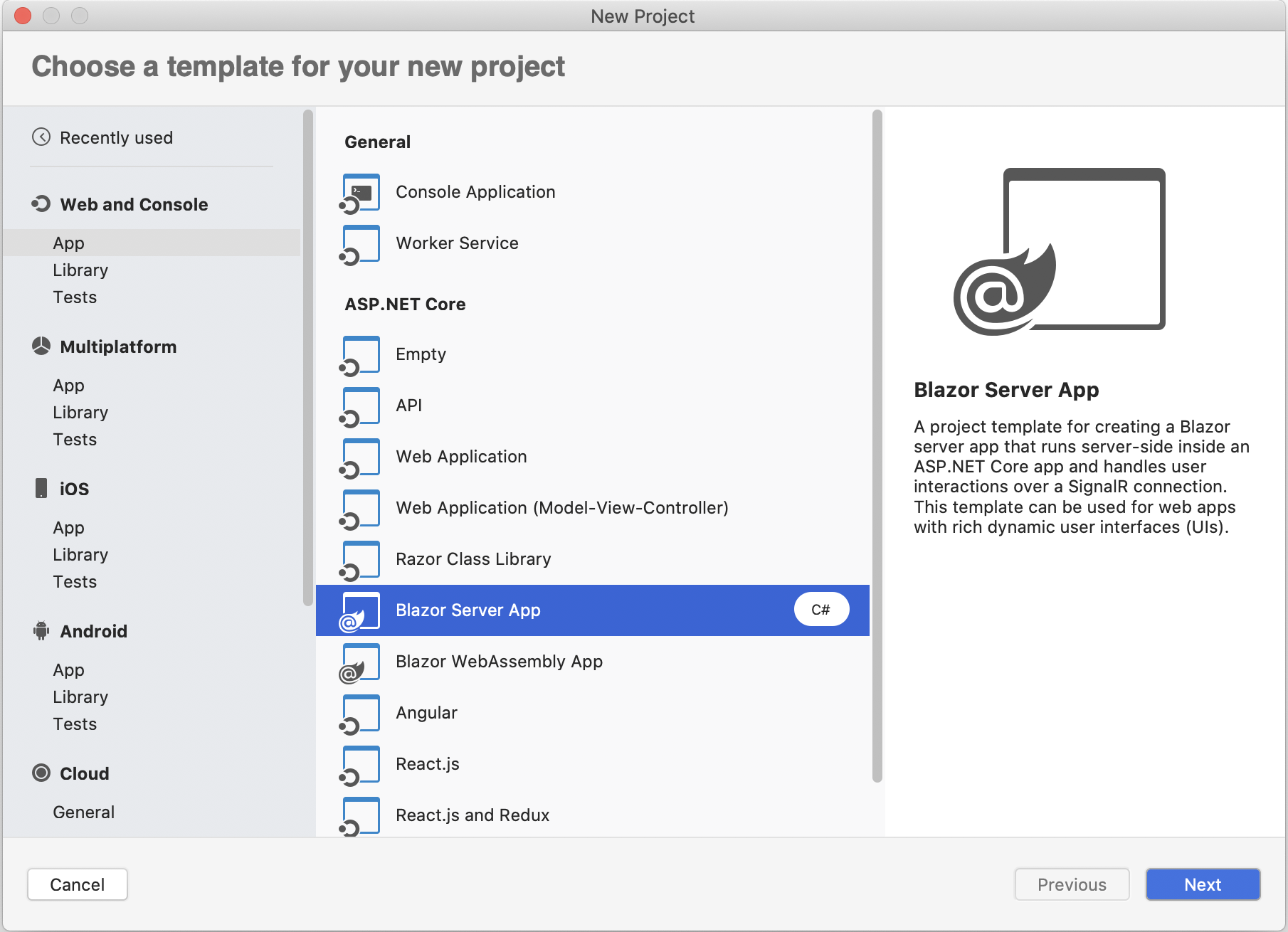 Screenshot of the New Project dialog with Blazor Server App highlighted in the App pane under ASP.NET Core and the Next button selected.