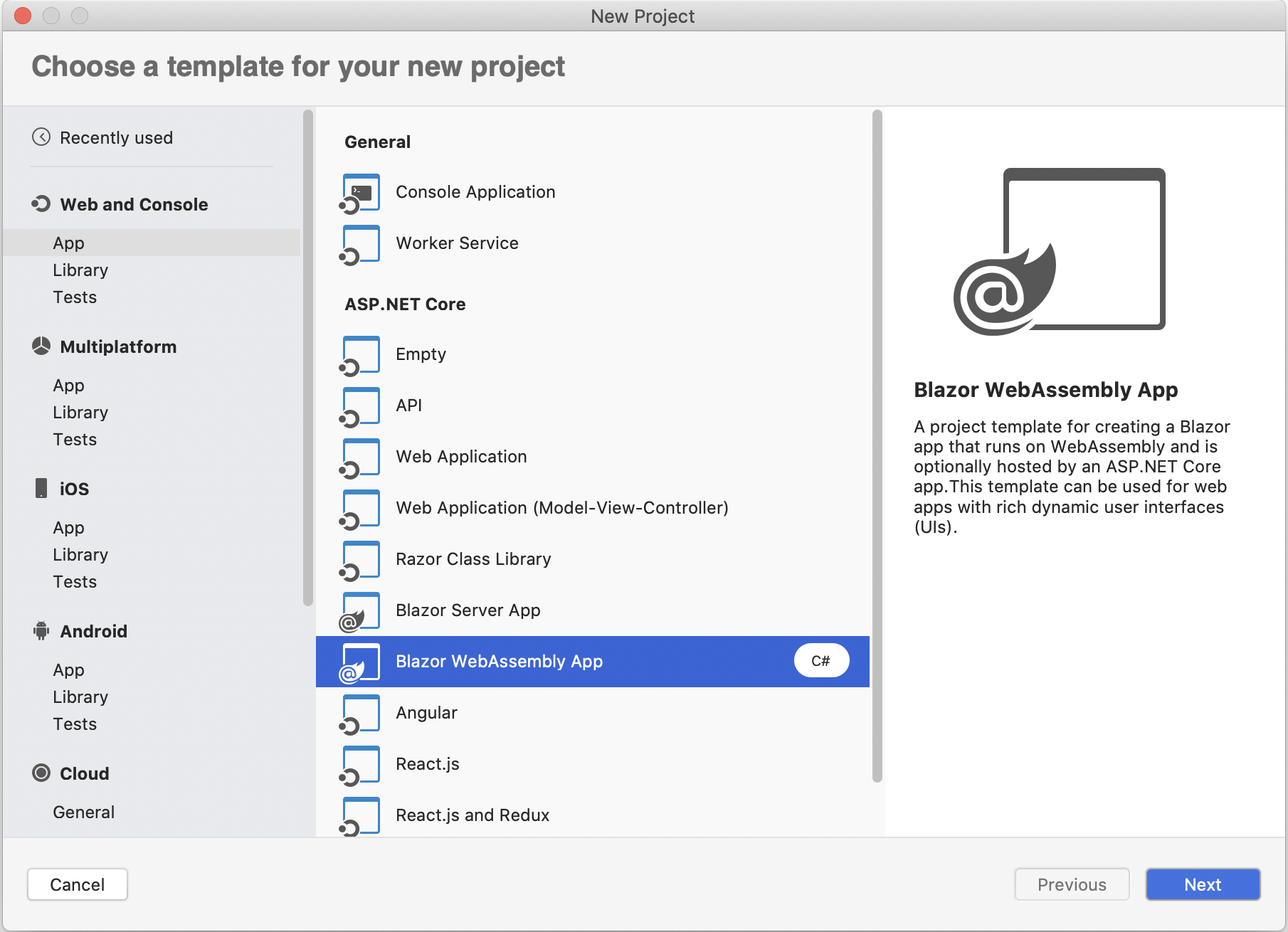 Screenshot of the New Project dialog with Blazor WebAssembly App highlighted in the App pane under ASP.NET Core and the Next button selected.