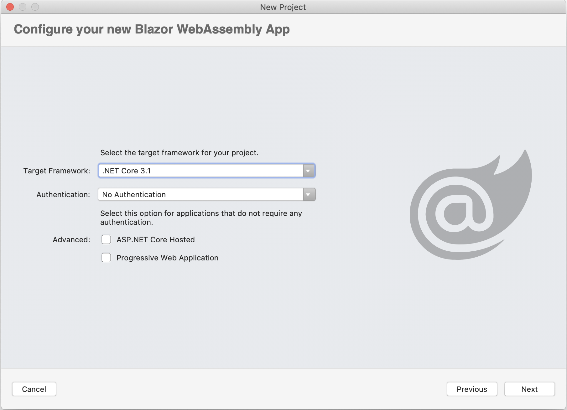 Configure your new Blazor WebAssembly App dialog displayed with Target Framework selected to .NET Core 3.1