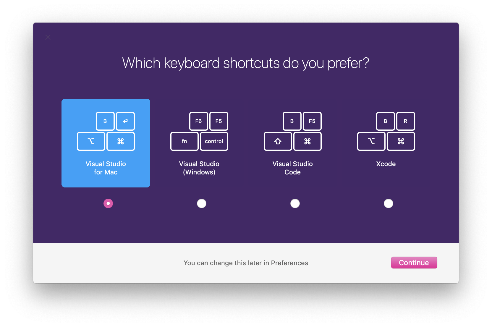 Pilih pintasan keyboard mana yang ingin Anda gunakan