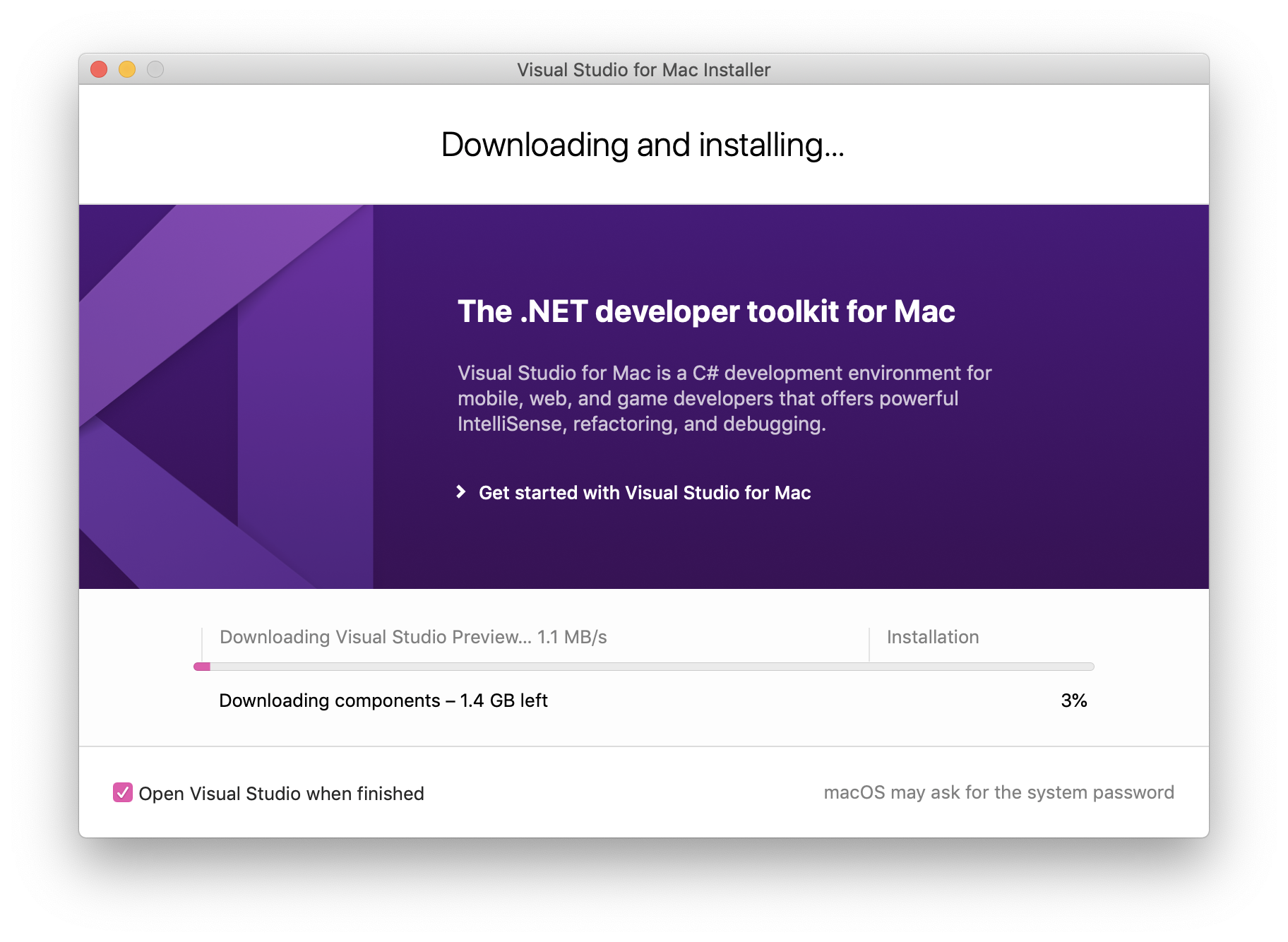 Cuplikan layar dari Alat Penginstal Visual Studio Mac memperlihatkan layar kemajuan penginstalan untuk toolkit pengembang .NET untuk Mac.