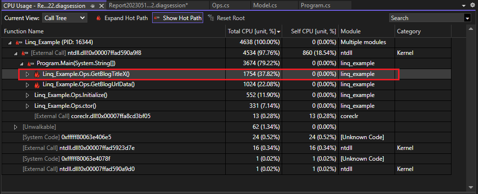 Cuplikan layar penggunaan CPU yang ditingkatkan dalam tampilan Pohon Panggilan alat Penggunaan CPU.