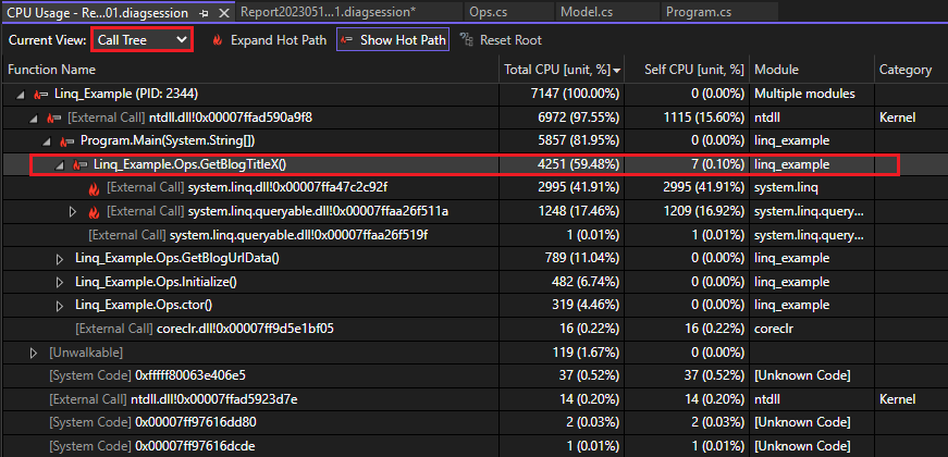 Cuplikan layar tampilan Pohon Panggilan di alat Penggunaan CPU.