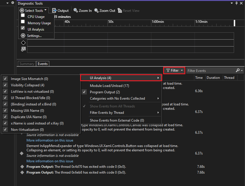 Cuplikan layar yang memperlihatkan item menu Analisis dan Filter UI.
