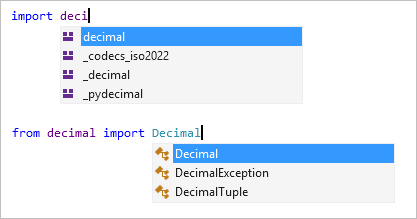 Cuplikan layar yang memperlihatkan impor dan dari penyelesaian impor di editor Visual Studio.