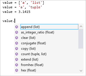 Cuplikan layar yang memperlihatkan penyelesaian anggota pada beberapa jenis di editor Visual Studio.