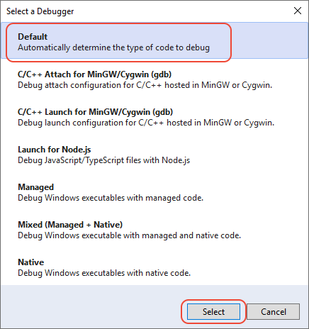 Cuplikan layar yang memperlihatkan cara memilih Debugger Default dalam dialog Pilih Debugger di Visual Studio.