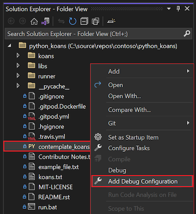 Cuplikan layar yang memperlihatkan cara memilih opsi Tambahkan Konfigurasi Debug untuk file yang dipilih di Penjelajah Solusi di Visual Studio 2022.