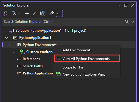 Cuplikan layar yang memperlihatkan cara membuka jendela Lingkungan Python dengan klik kanan di Visual Studio.
