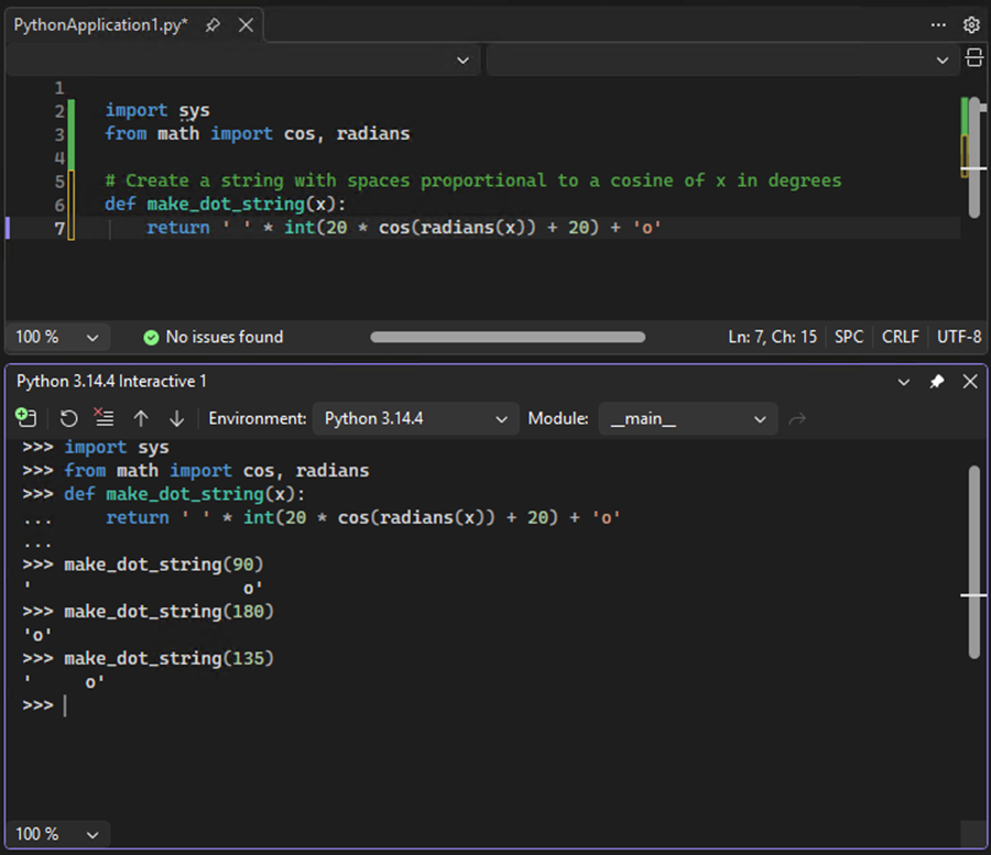 Cuplikan layar yang memperlihatkan cara menjalankan pengujian kode fungsi yang dikirim ke Jendela Interaktif di Visual Studio.