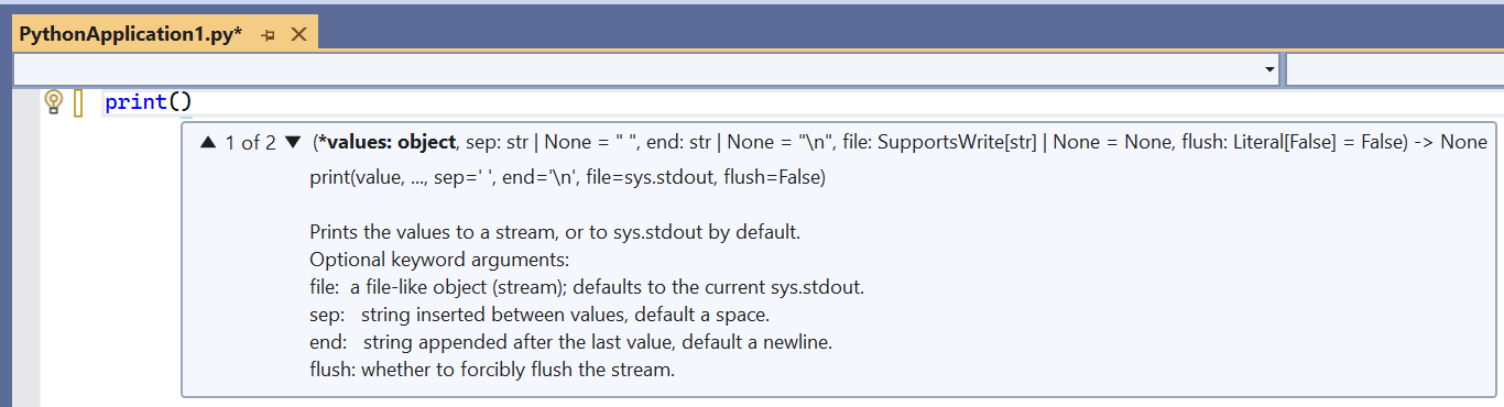 IntelliSense auto-completion popup for a function