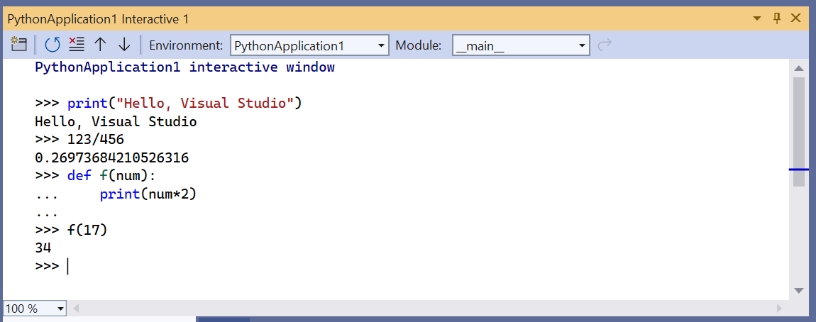 Python dalam tutorial Visual Studio langkah 3, REPL interaktif ...