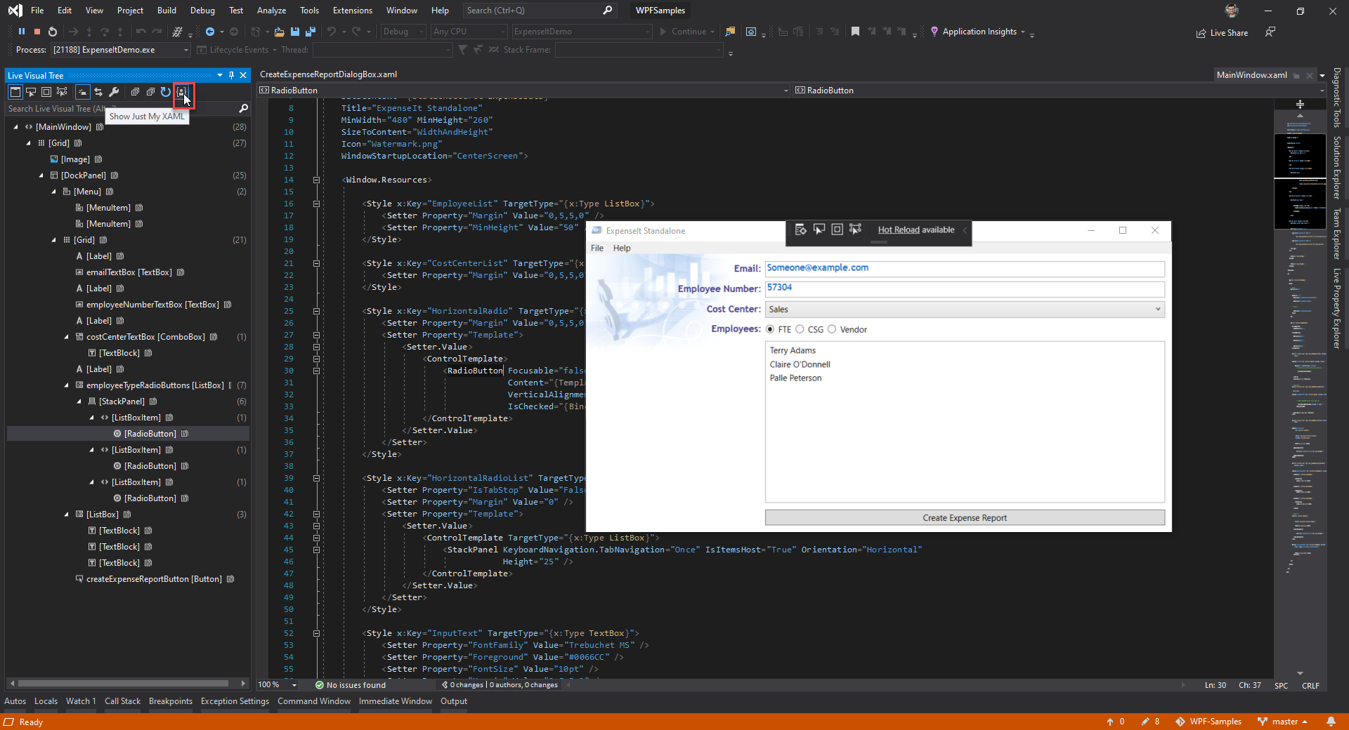 Tampilkan Just My XAML di Live Visual Tree