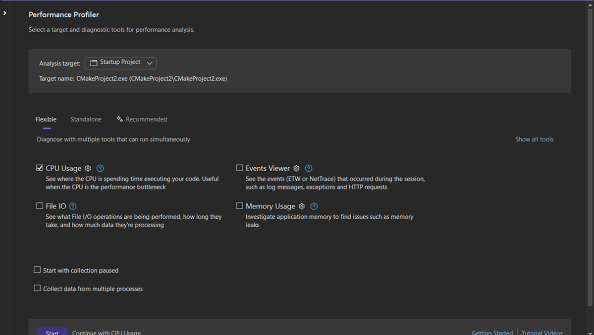 Cuplikan layar antarmuka alat pembuatan profil memperlihatkan alat Penggunaan CPU, Penampil Peristiwa, dan File IO yang tersedia untuk proyek CMake