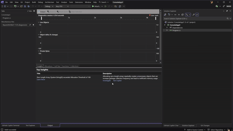 Demonstrasi video yang menunjukkan Alat Alokasi .NET dengan wawasan tentang array berukuran nol dan Copilot yang memberikan analisis terperinci serta saran pengoptimalan