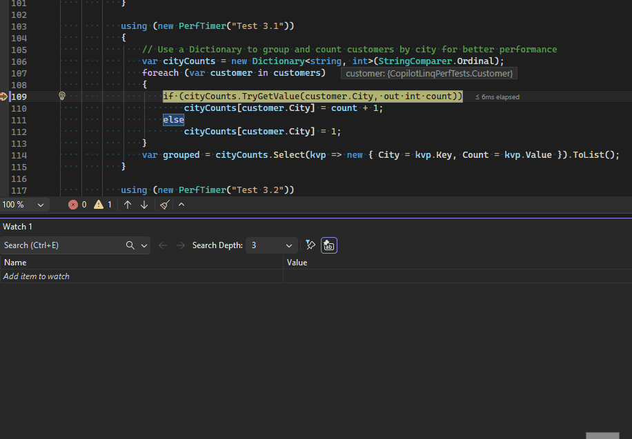 Video memperlihatkan Copilot menyarankan ekspresi pengamatan di jendela Watch selama sesi debugging