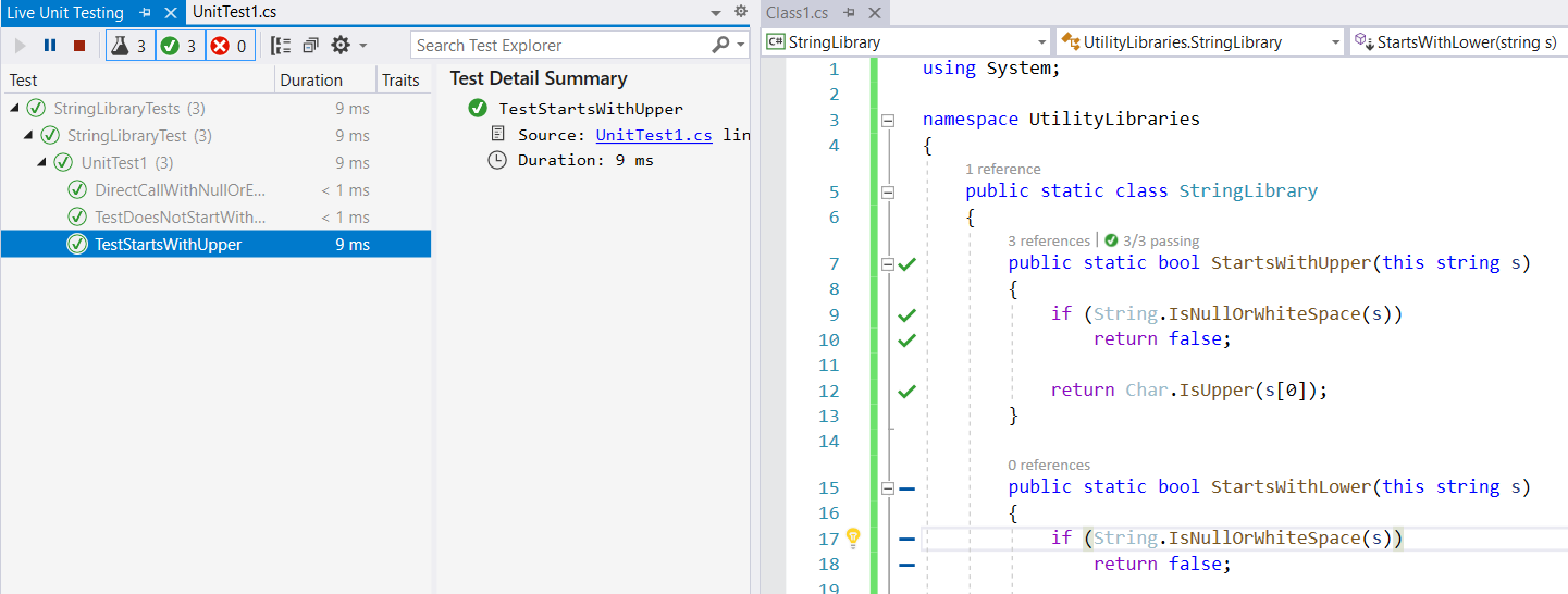 jendela Live Test Explorer dan editor kode setelah memulai Live Unit Testing