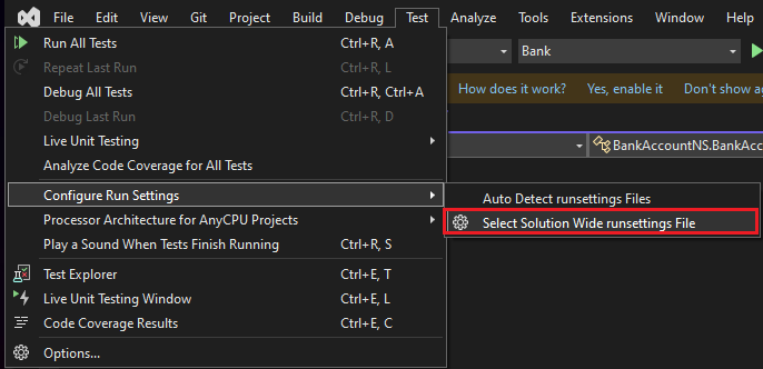 Pilih menu file runsettings di seluruh solusi pengujian di Visual Studio