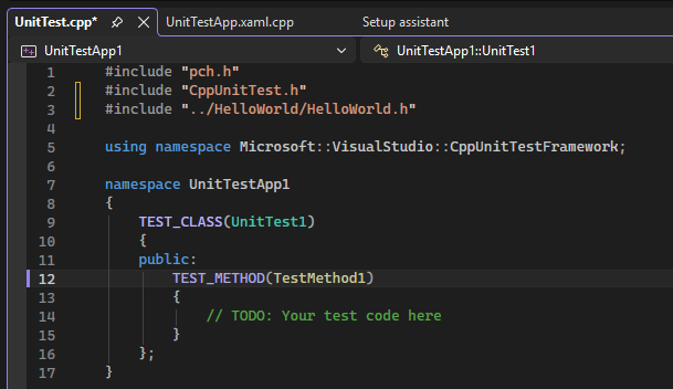 Cuplikan layar memperlihatkan kelas dan metode stub menggunakan makro TEST_CLASS dan TEST_METHOD di Visual Studio.