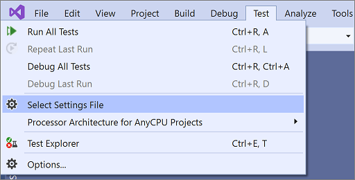 Pilih menu file pengaturan pengujian di Visual Studio 2019